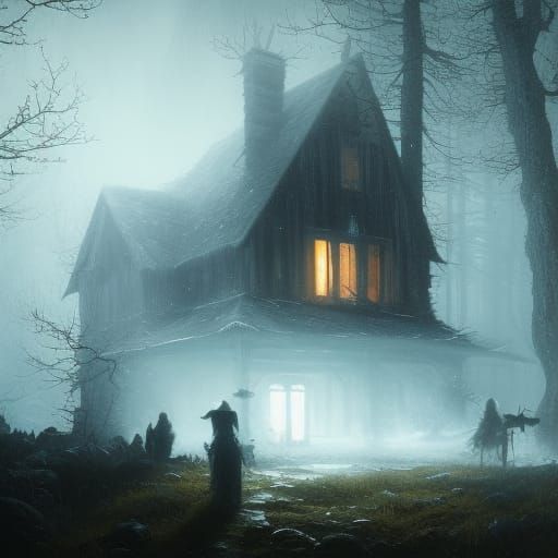 Eerie Ghost Haunts Cabin in Dark Fantasy Art