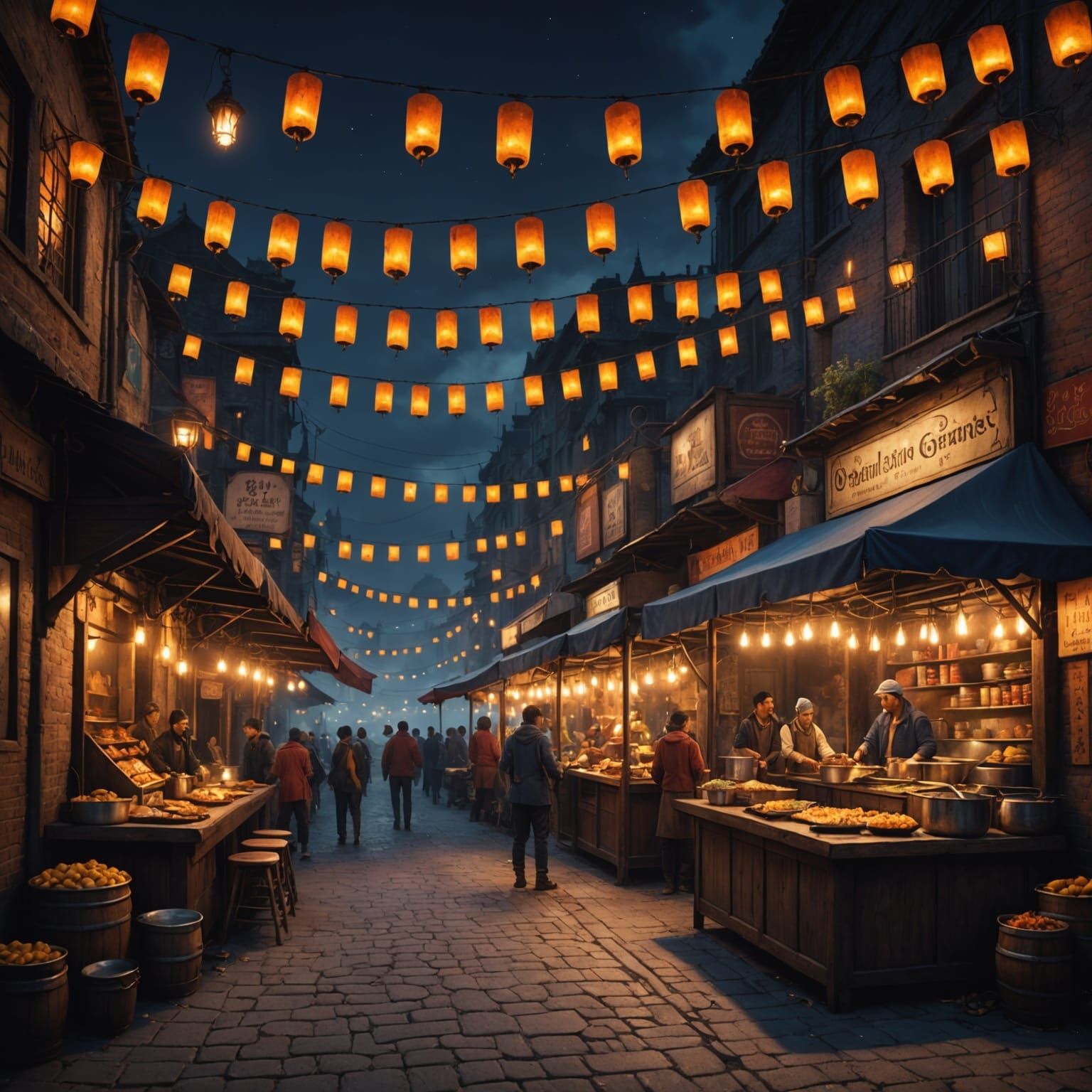 Vibrant Nighttime Street Food Market Scene in Fantasy Art