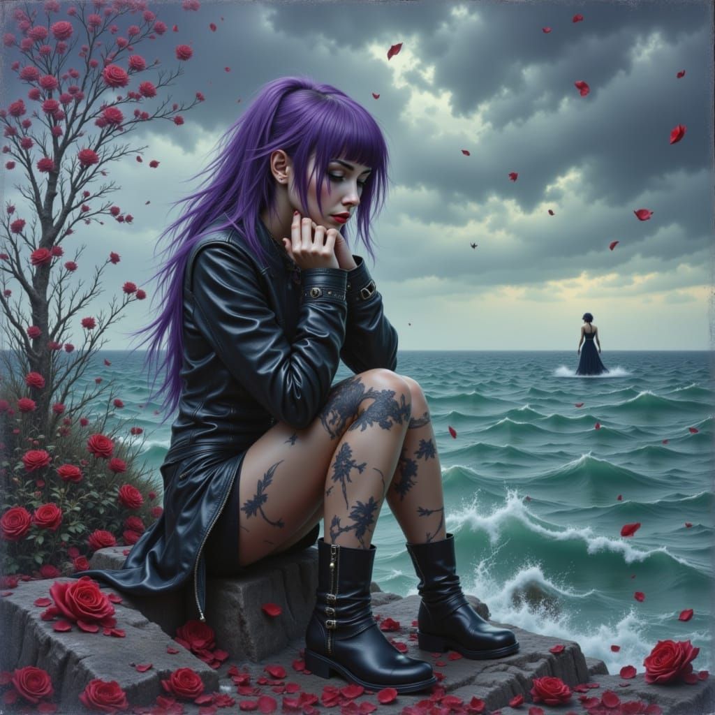 Melancholic Punk Woman in Oil Painting Style