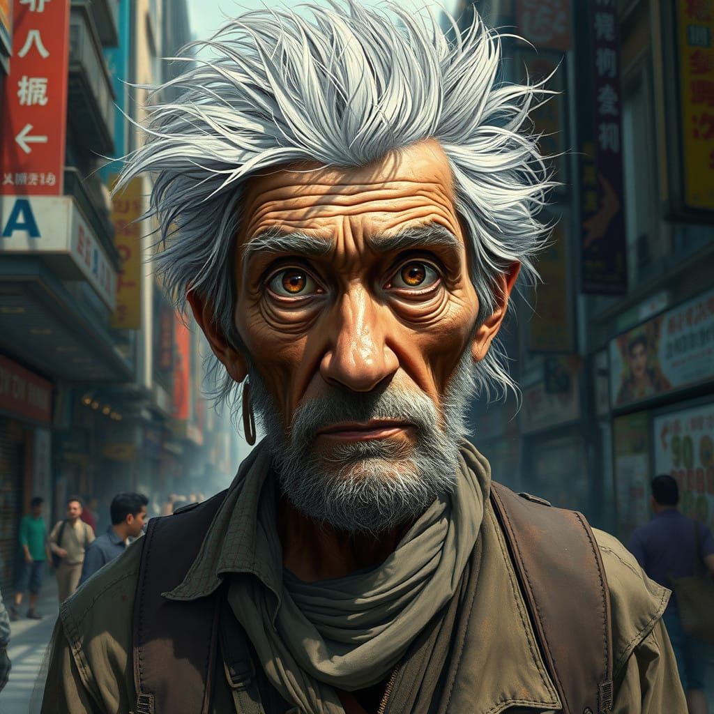 Elderly Man Stands Defiant in Vibrant Cityscape