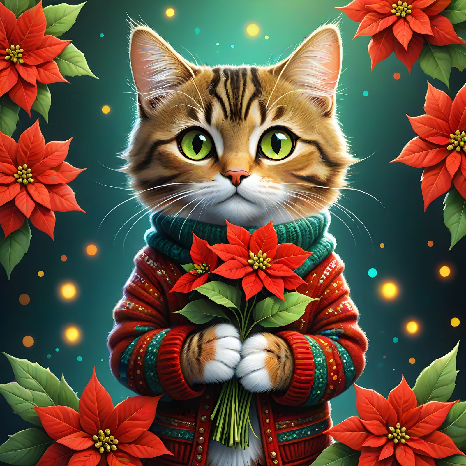 Whimsical Tabby Cat Surrounded by Vibrant Holiday Flowers