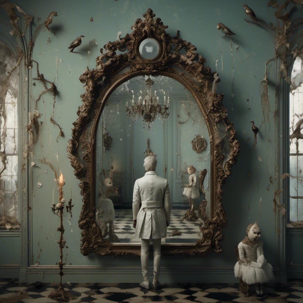 Zoanthropy Surrealism: Animalistic Figure in Antique Mirror