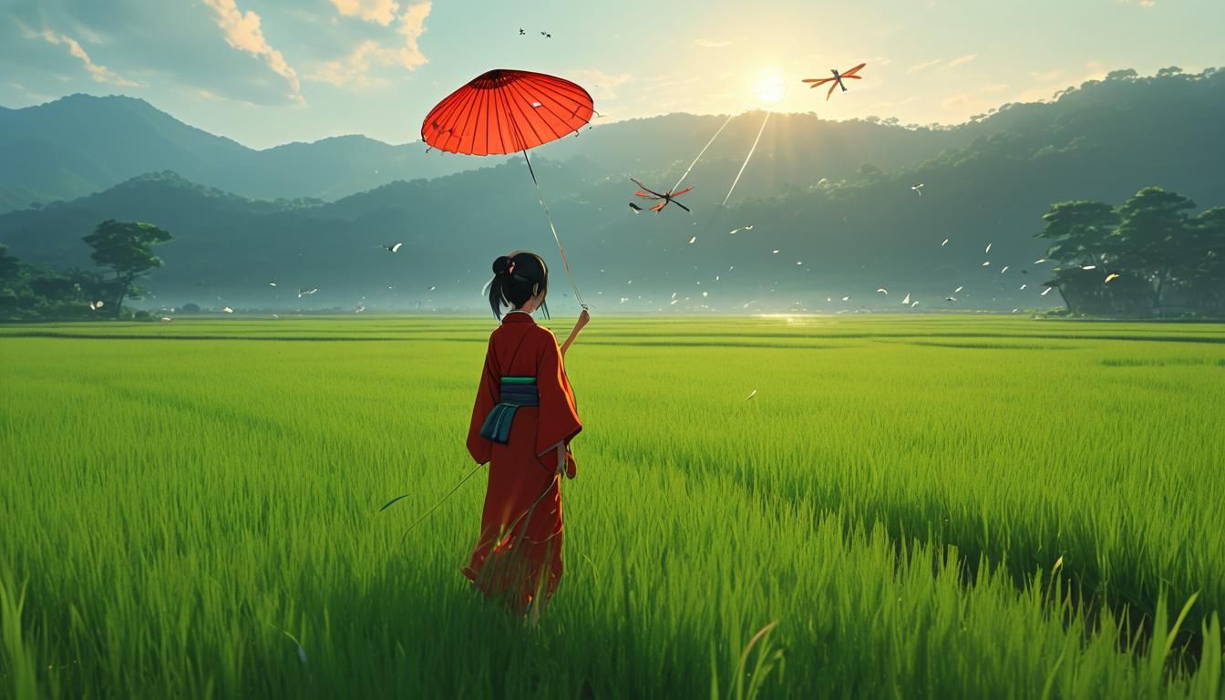 Woman Flying Kite in Rice Field: Stunning Anime Art