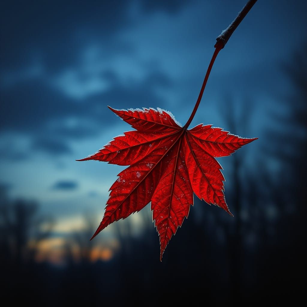 Crimson Maple Leaf Freezing on Last Autumn Day