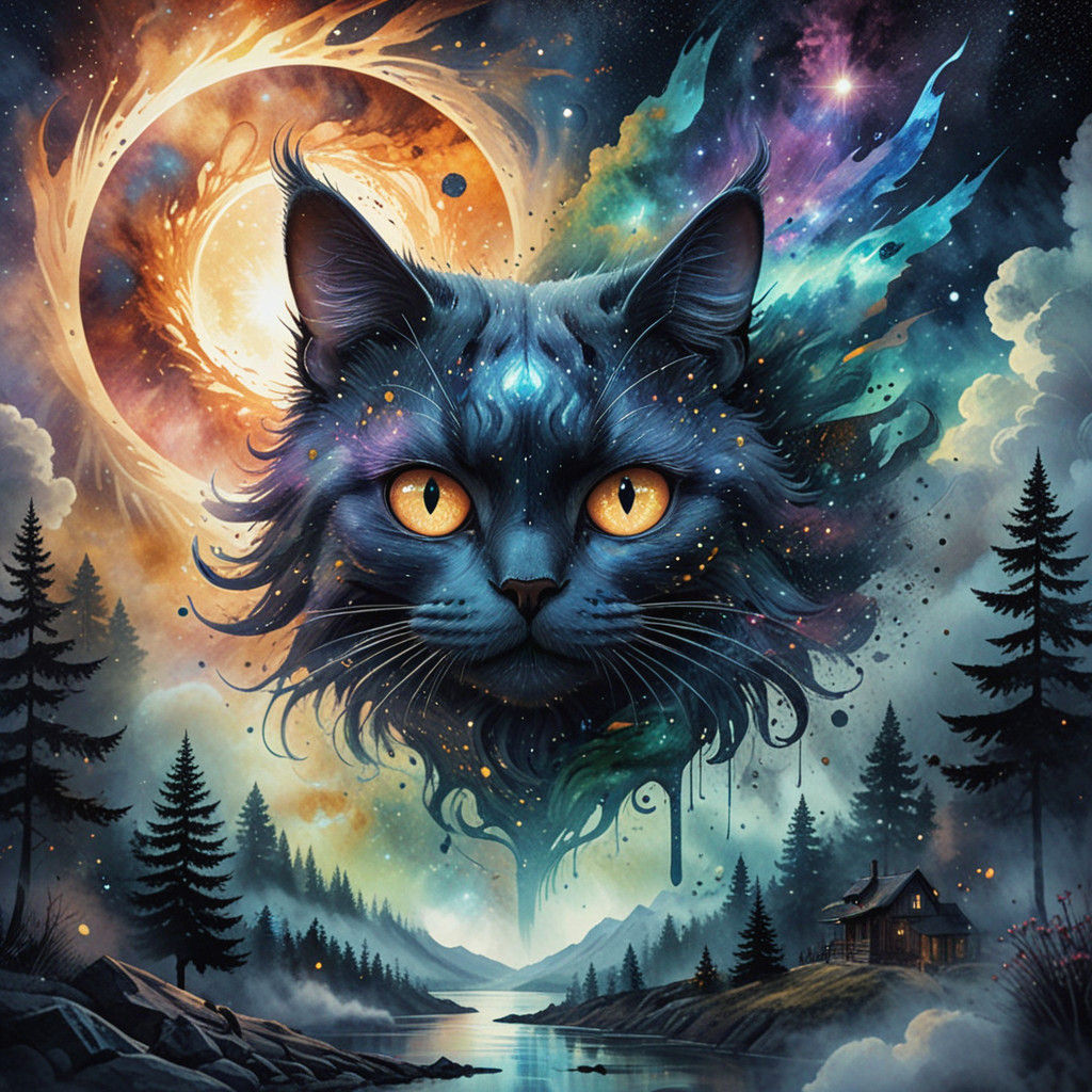 Surreal Cosmic Chalet Scene in Watercolour