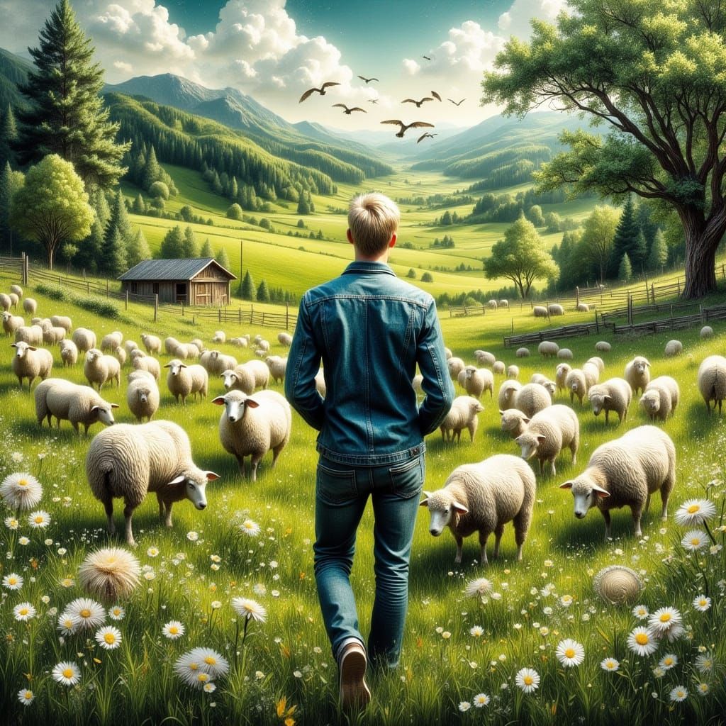 Blond Man in Meadow with Sheep, Impressionistic Style