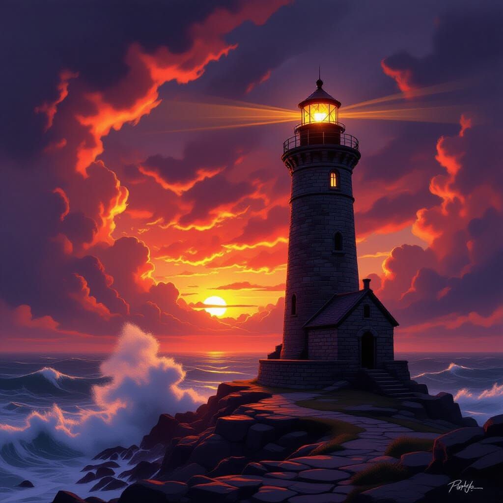 Lighthouse in Fiery Sunrise Storm