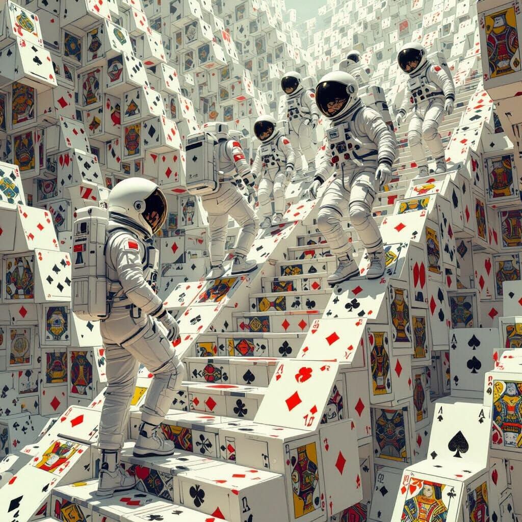 Astronauts on an Infinite Card Staircase in Digital Art