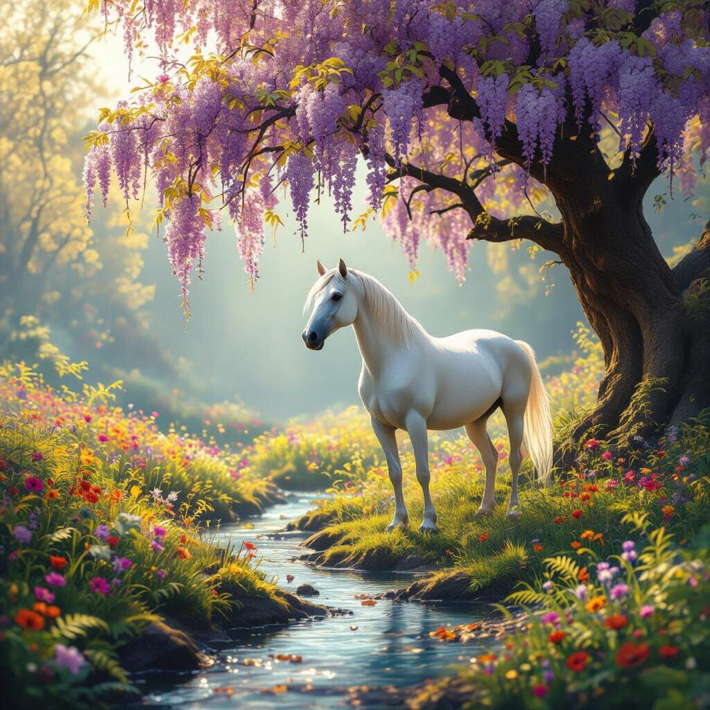 Majestic White Stallion Amidst Vibrant Wildflowers and Wiste...