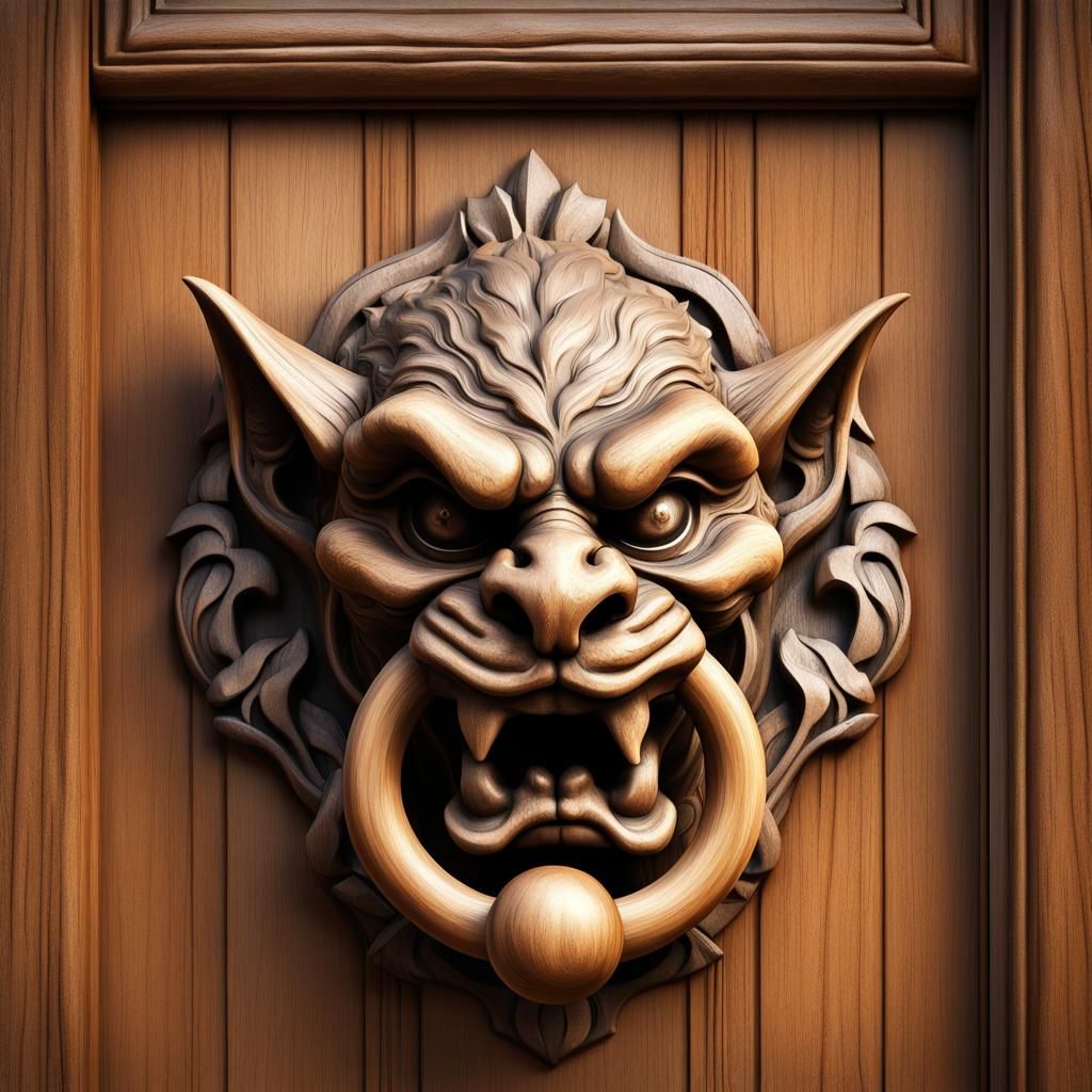 Gargoyle Door Knocker: Hyperrealistic Wooden Carving