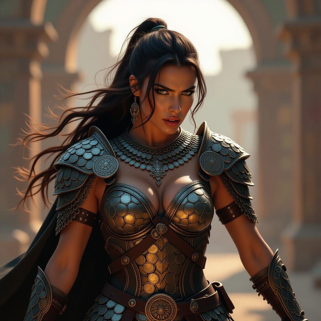 Warrior Woman in Coin and Dragon Skin Armor