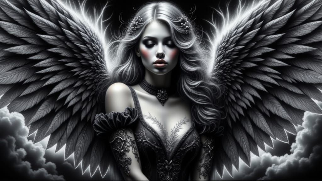 Mysterious Fallen Angel in Dark Velvet Wings