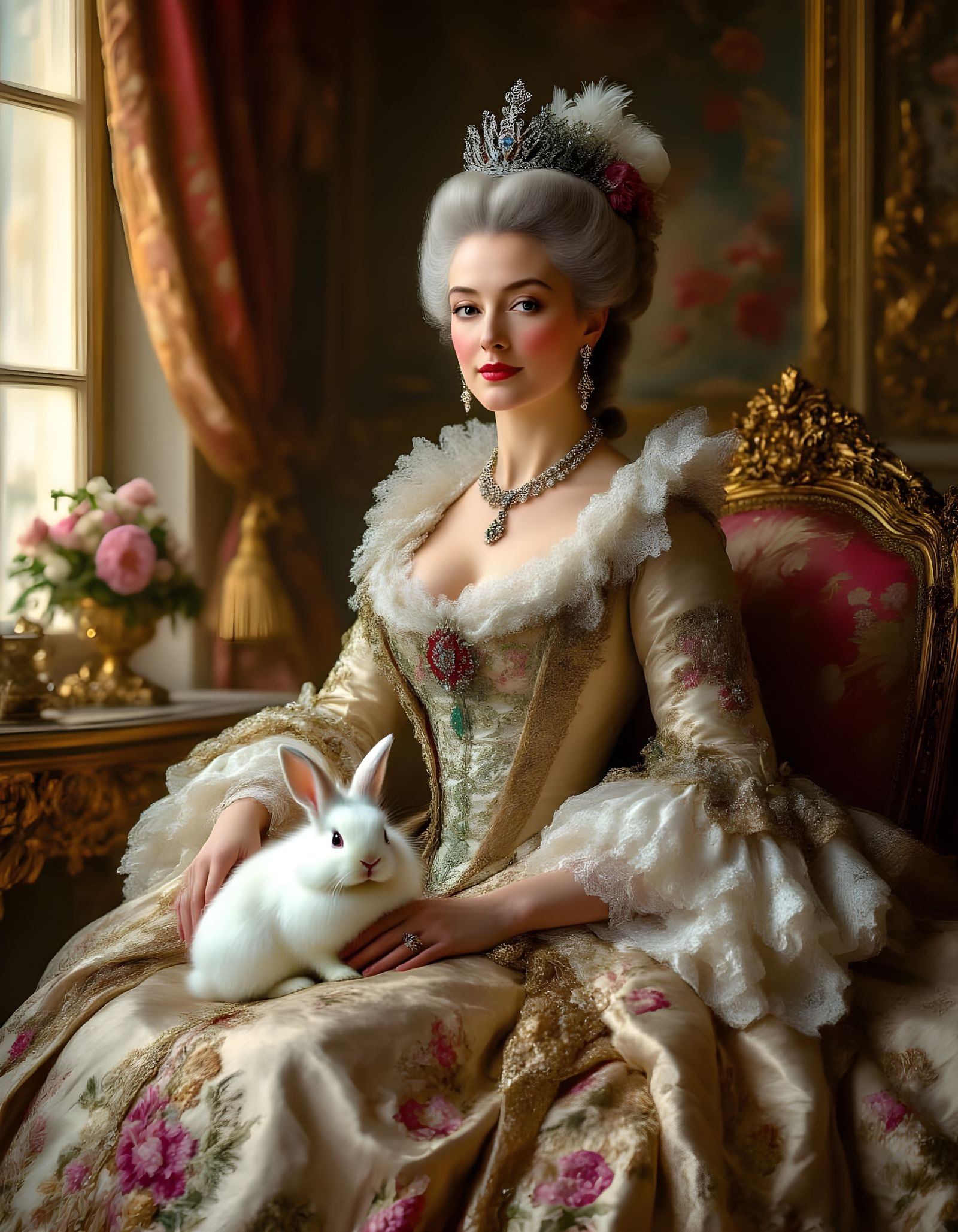 Empress with Rabbit: Opulent Rococo Portrait
