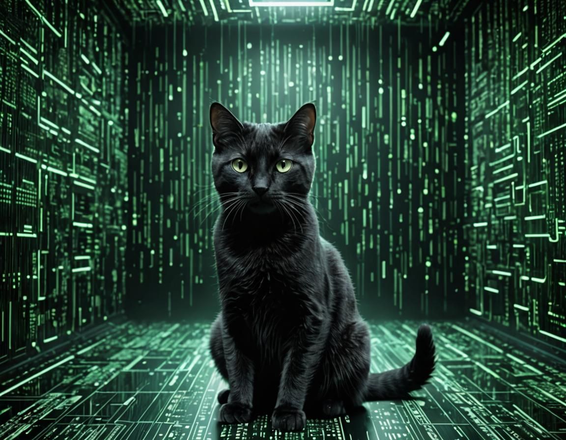 Cat in Cyberspace in Matrix Film Style