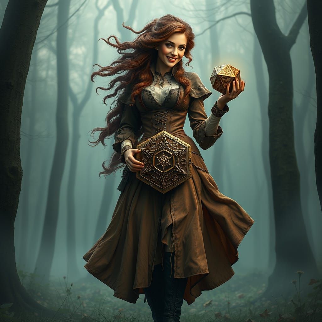 Steampunk Lady Holds Intricate Dodecahedron in Foggy Forest