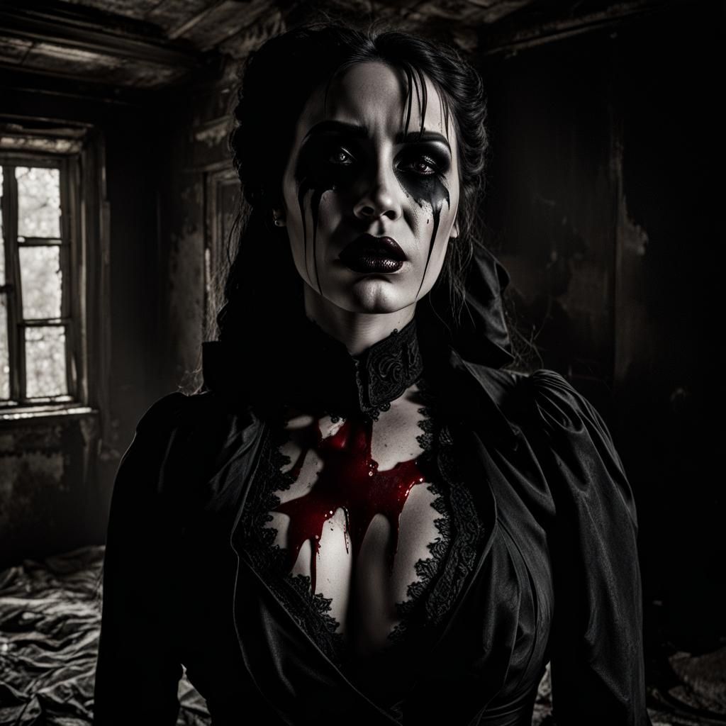 Gothic Woman Crying Blood in Abandoned Bedroom