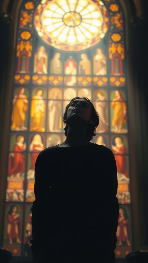 Shadowed Figure Singing Before Stained Glass