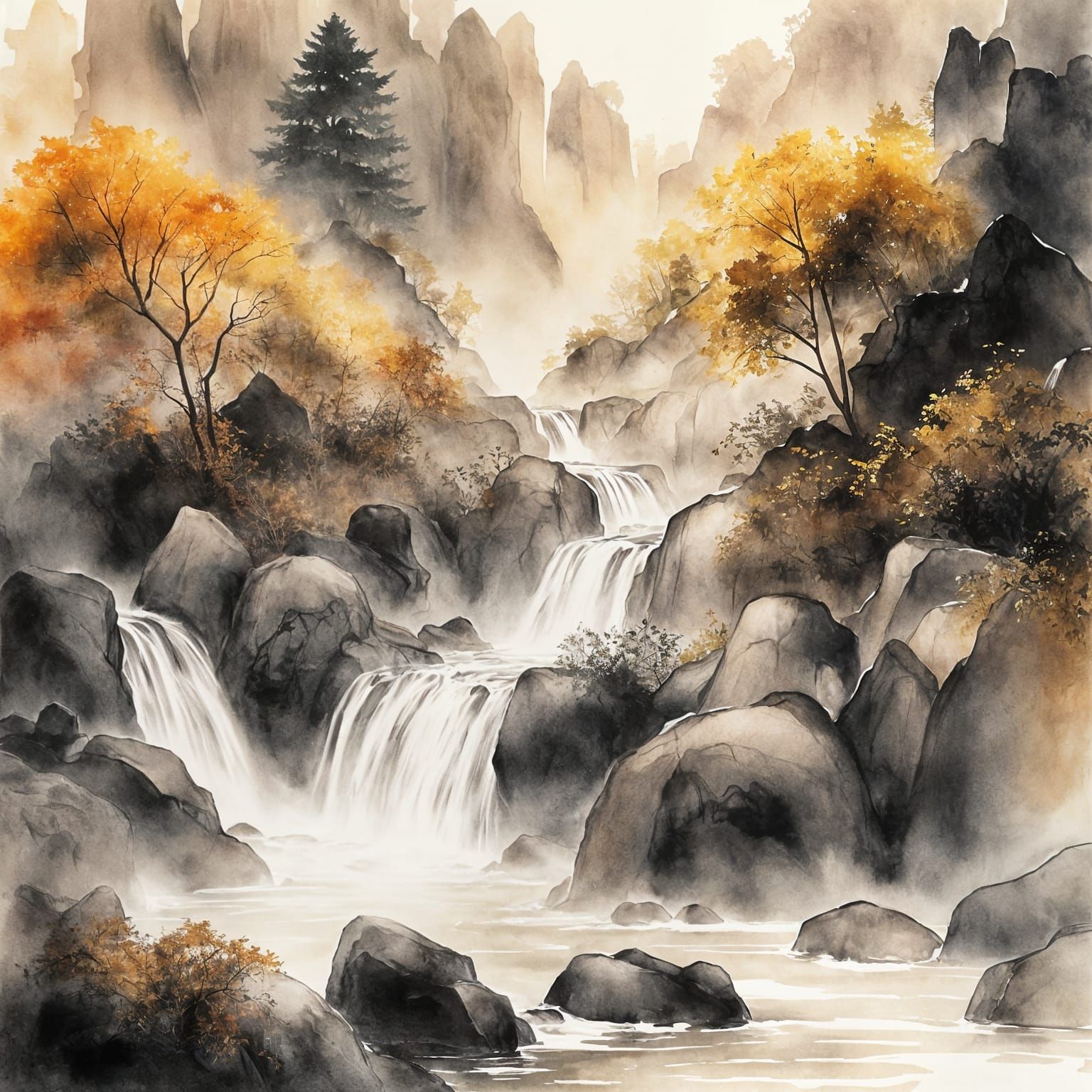 Ethereal Waterfall as Ink Wash Painting