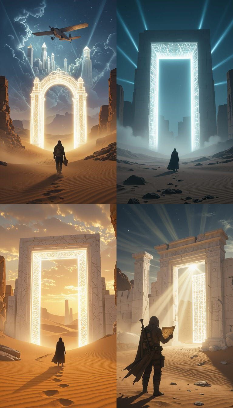 Mysterious Desert Gate with Ancient Ruins and Light Beams