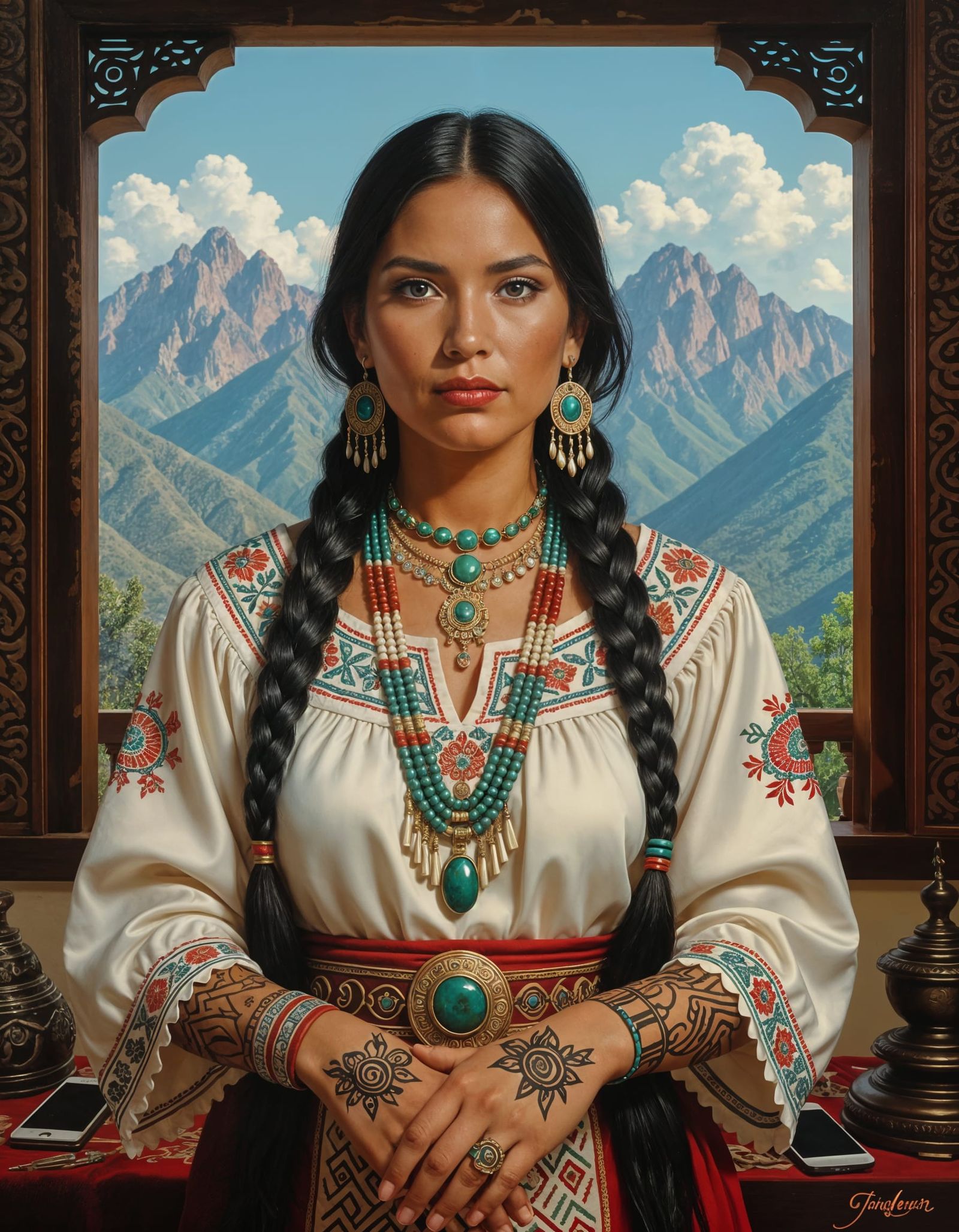 Huichol Woman Portrait in Magical Realism Style