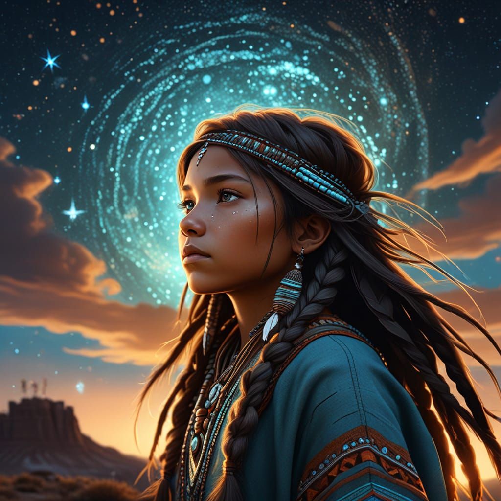Mystical Native Child Under Starry Desert Sky