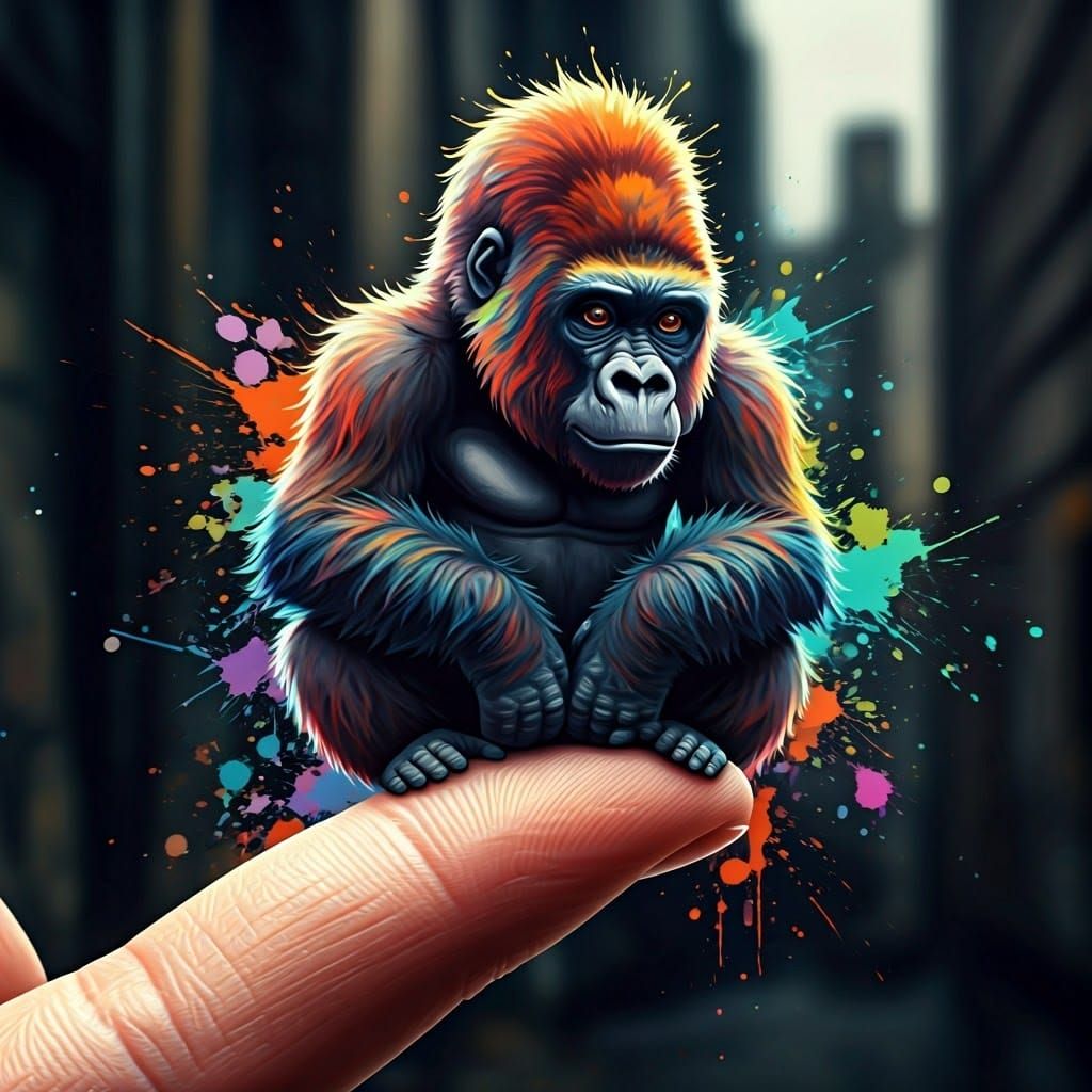 Miniature Gorilla Perched on Fingertip in Street Art Style