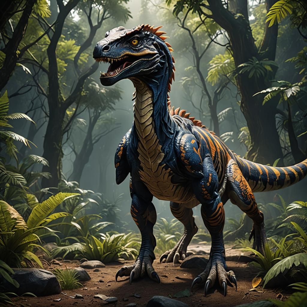 Fantastical Velociraptor Tiger Hybrid in Detailed Digital Pa...