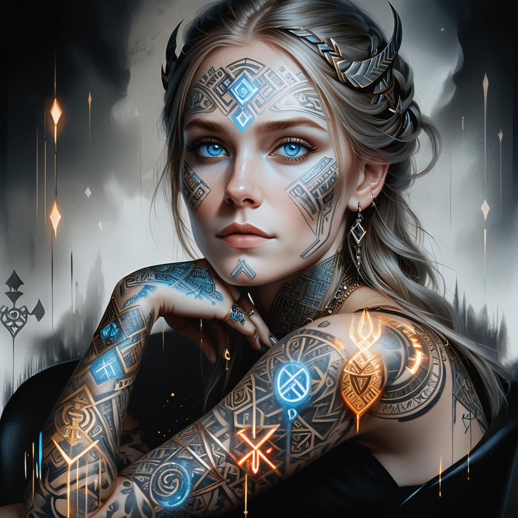 Elegant Norse Woman with Luminous Runes, Romanticism Style