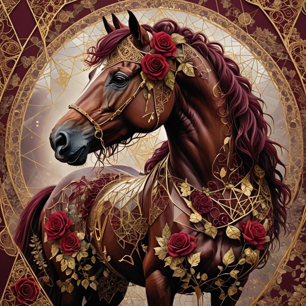 Horse with Fractal Roses in Double Exposure