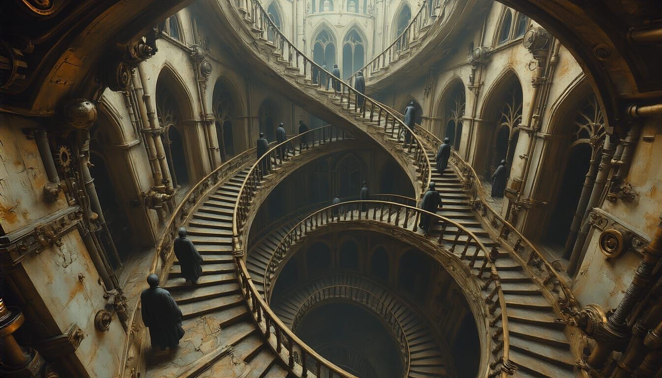 Escher-esque Steampunk Staircase with Perpetual Motion