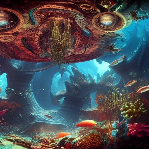 Underwater Alien Mansion Interior in Digital Art Style