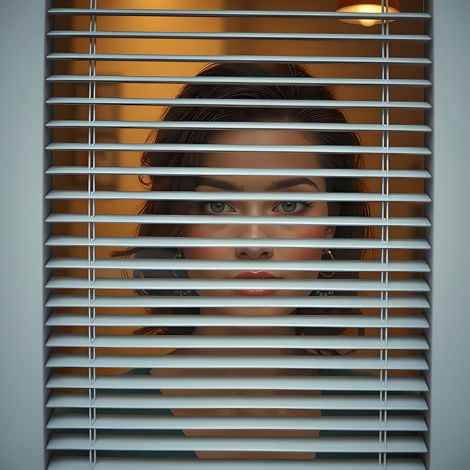 Photorealistic Portrait of Woman Behind Venetian Blinds