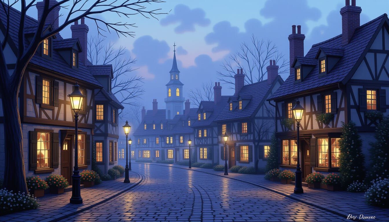 Charming Town Square at Twilight in Luminist Style