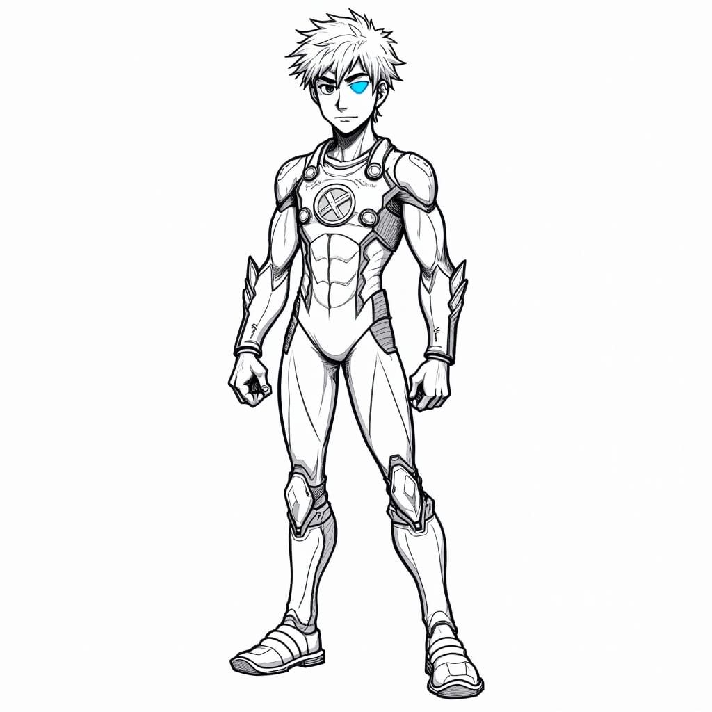Anime-Style Superhero Line Drawing with Electric Blue Eye