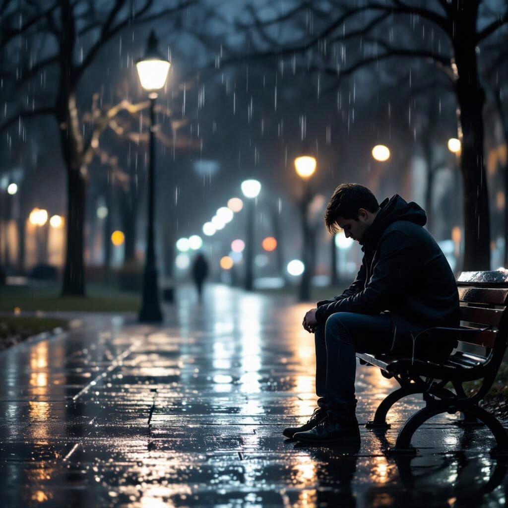 Man Lost and Broken on Rainy Night Bench