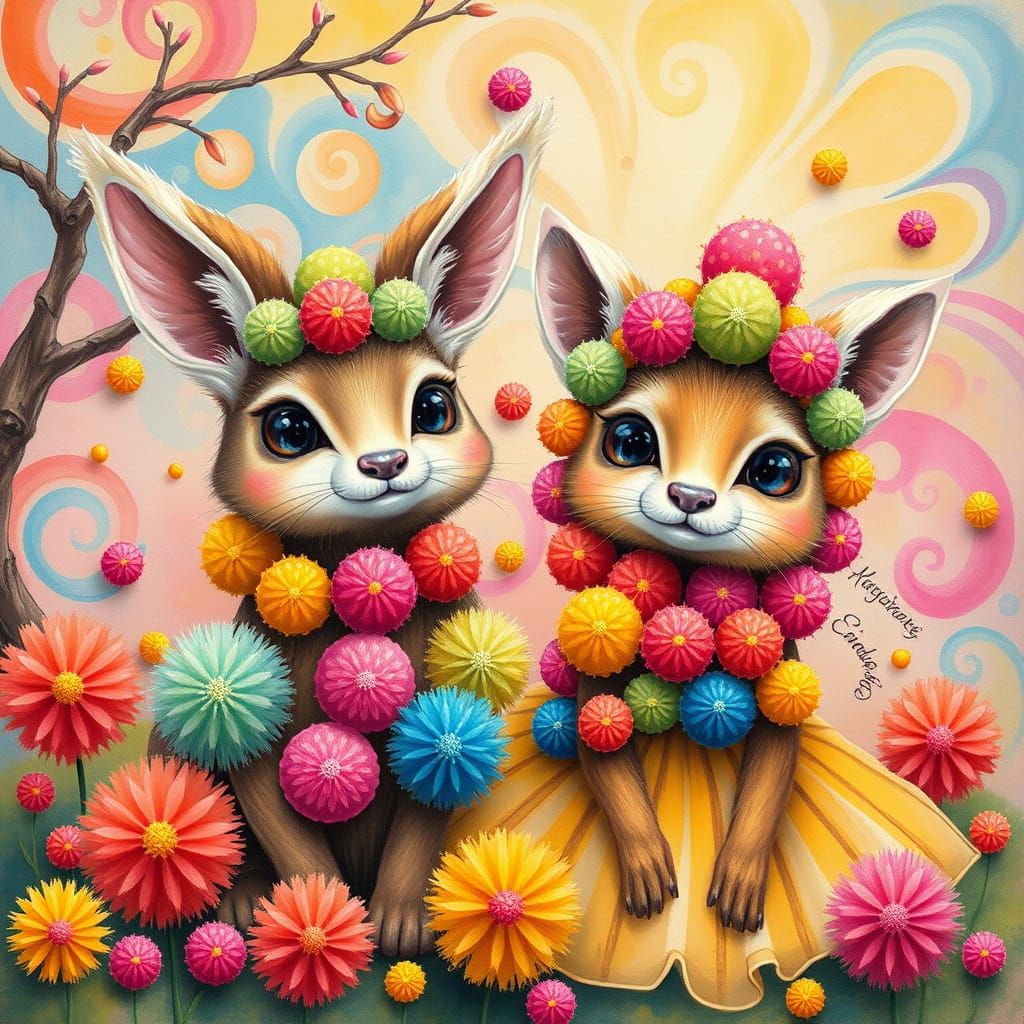 Pom-Pom Animals' Tea Party in Gouache Style