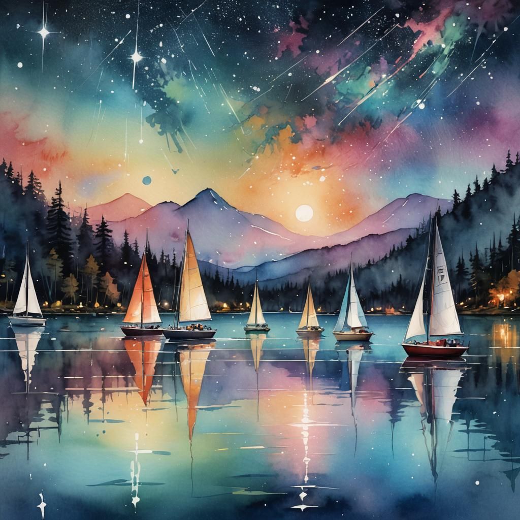 Sailboats Race at Dawn: Digital Watercolor Art