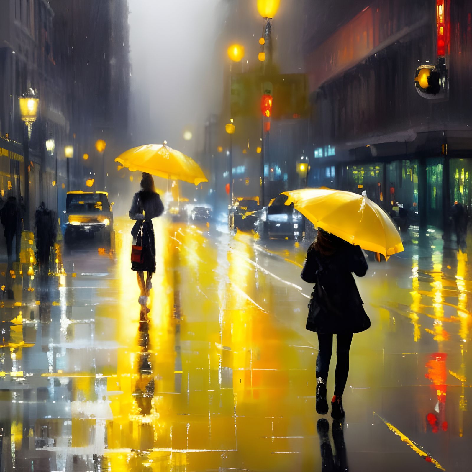 Girl in Yellow Jacket: Impressionist City Rain Scene