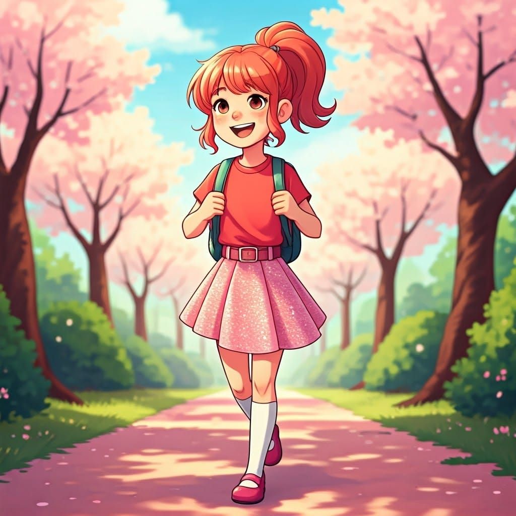 Girl Walking Through Cherry Blossom Park