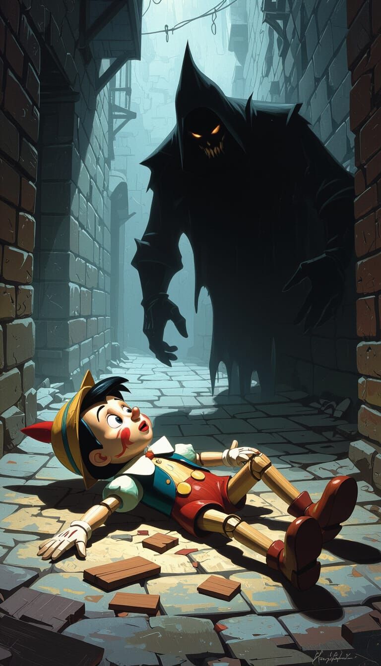 Broken Pinocchio Puppet Beaten by Shadowy Figure
