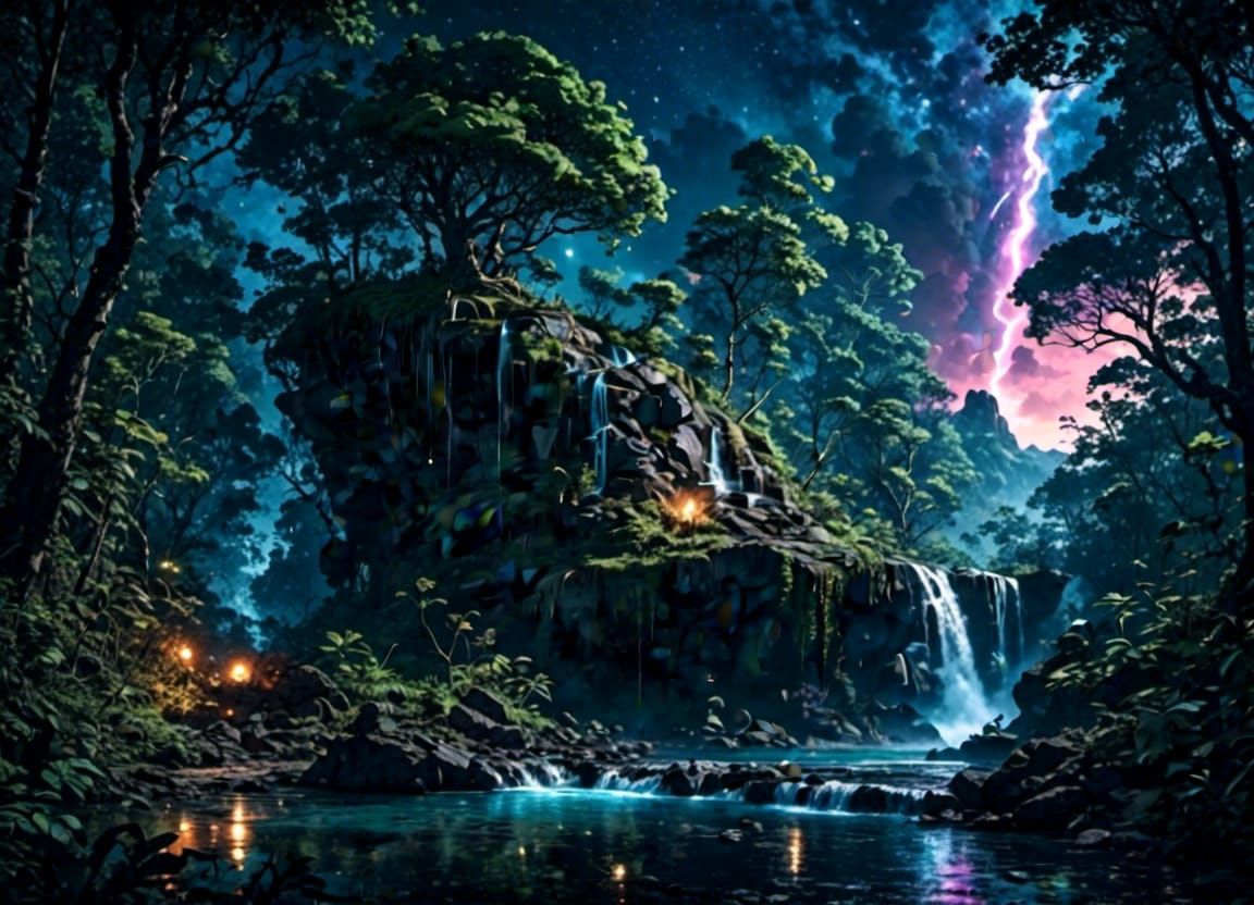 Magical Night Forest Waterfall in Comic Book Style