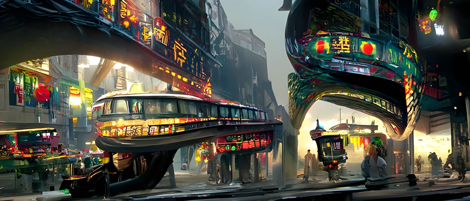 Chinatown Monorail in Dark Digital Painting Style