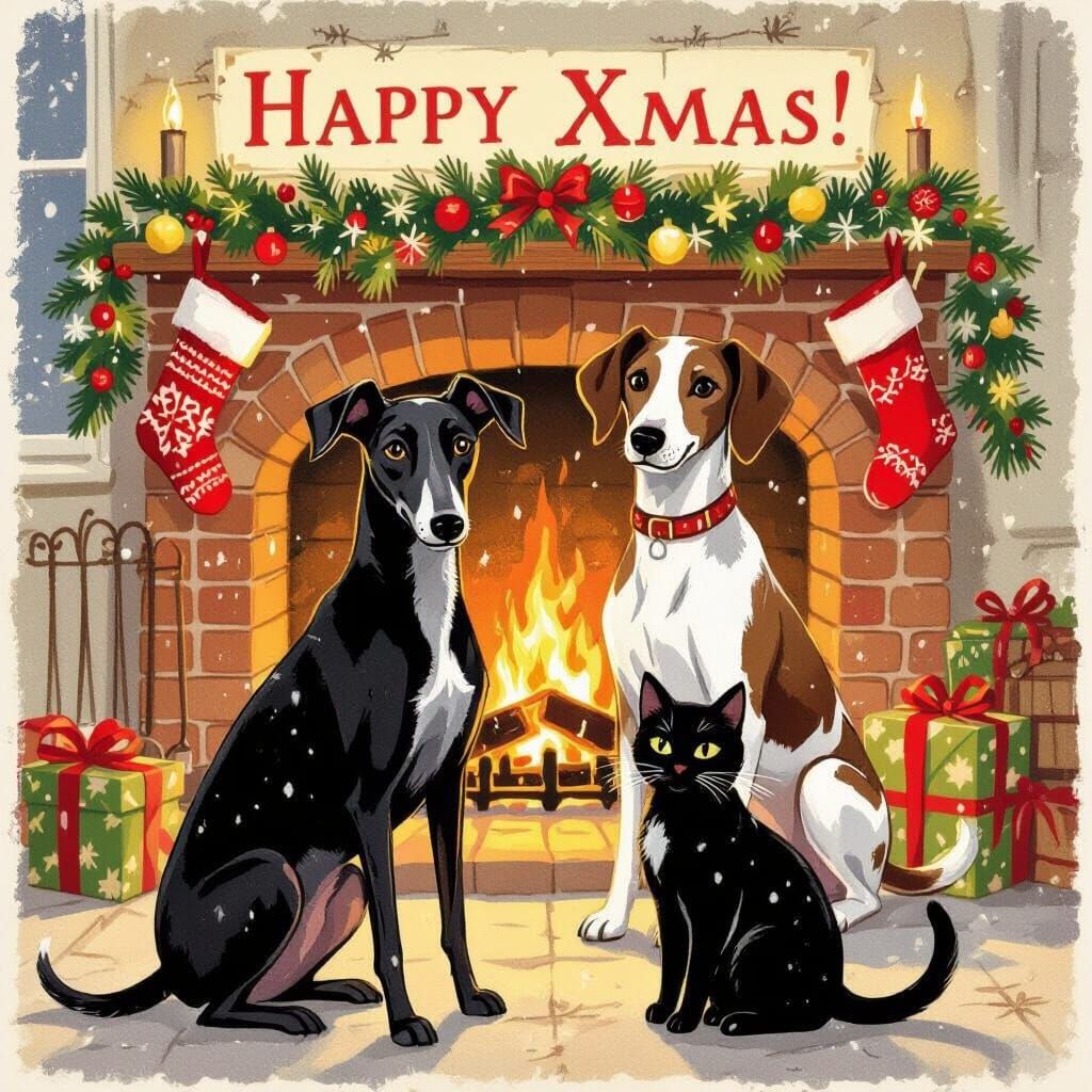 Whimsical Christmas Postcard with Pets and Fireplace