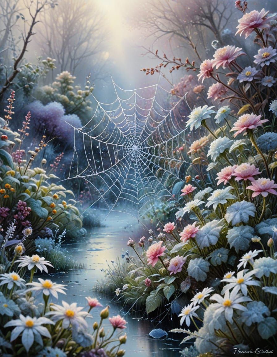 Frosty Spiderweb in Winter Garden, Ethereal Mist and Icespar...