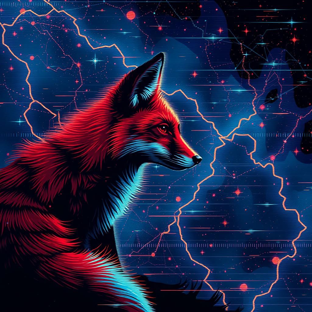 Red Fox in Forest with Glitch and Constellations
