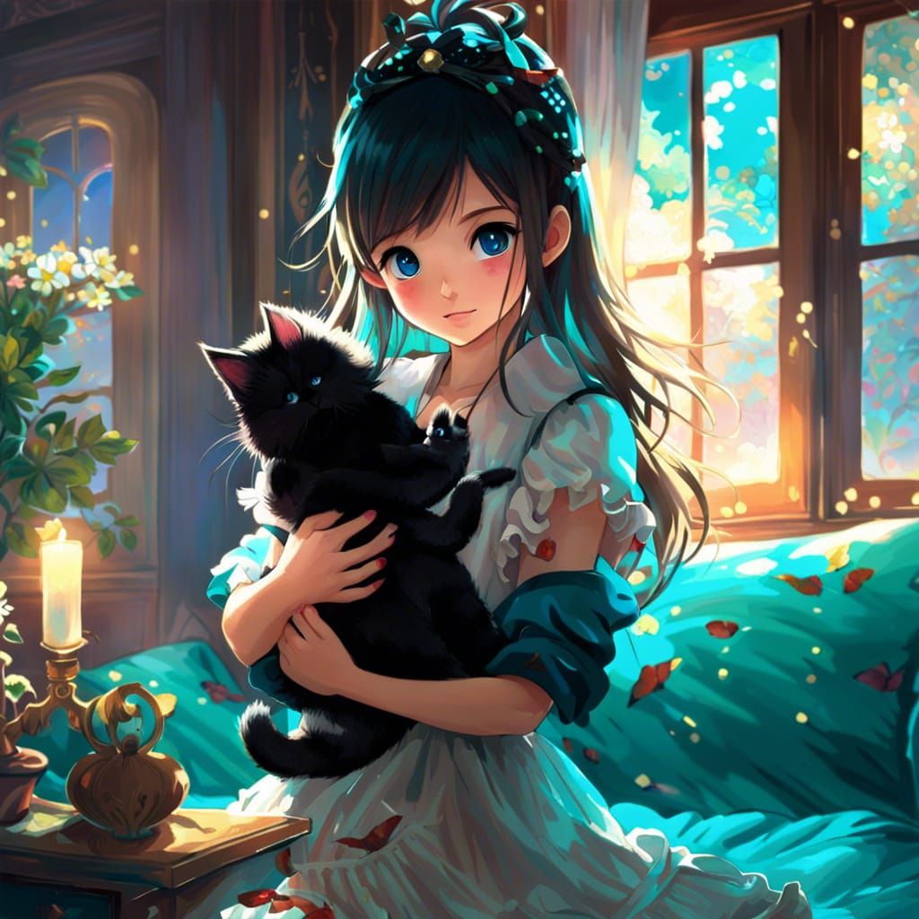 Anime Woman Holding Kitten in Natural Lighting