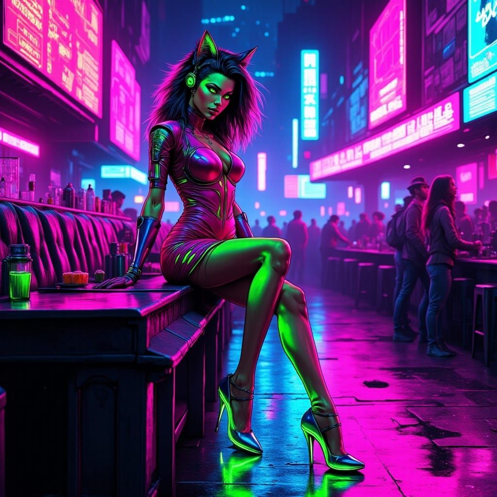 Neon Nightclub Cat-Girl in Cyberpunk Style