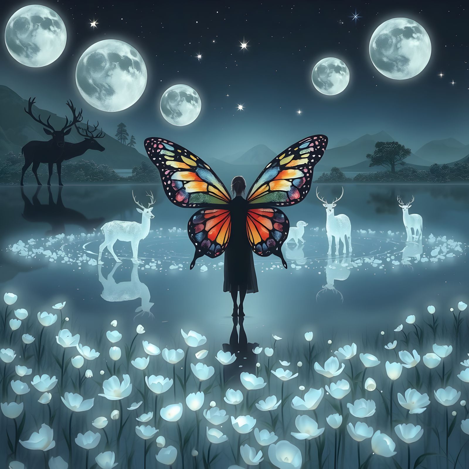 Surreal Figure with Stained Glass Wings in a Dreamlike Lands...