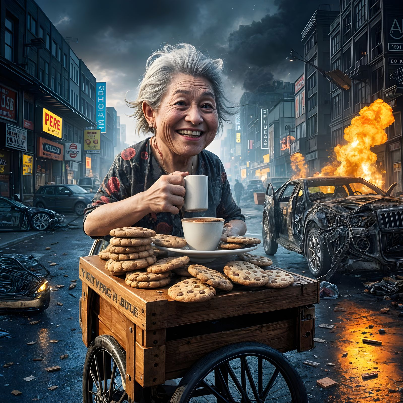 Surreal Old Hag Cookie Vendor in a Carnage Scene