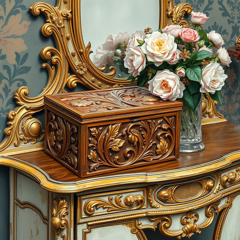 Art Nouveau Carved Box with Flowers as Gouache Painting